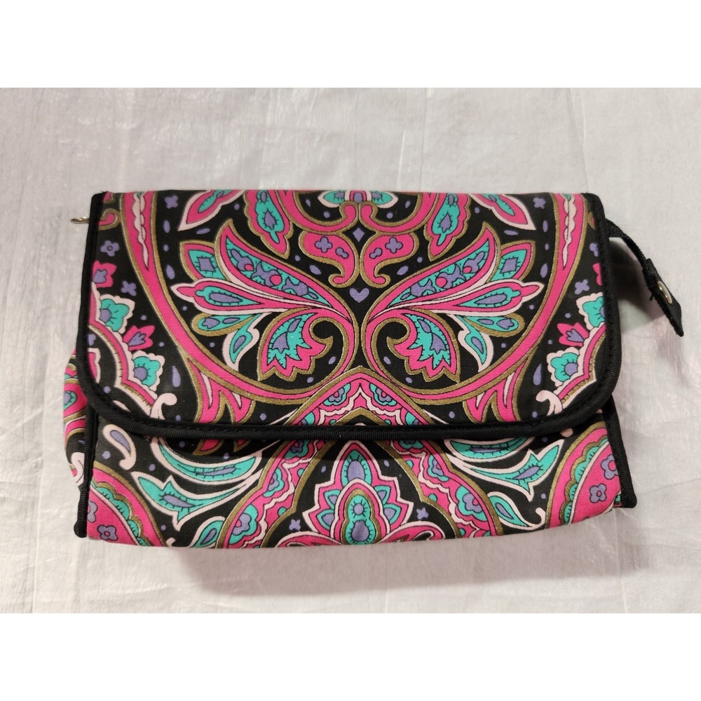 MARY KAY Cloth Makeup Cosmetic Bag Built in Mirror Pink Black Teal Paisley Vtg